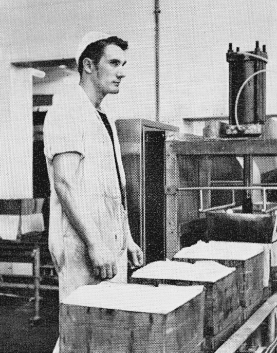 1970 Ruyton David Onions working in the press room. Caroline Rose Hayes Dean comments "My husband Michael Dean has enjoyed me showing him this as he used to work at the dairy and was a friend of Dave Onions." (Courtesy Doreen Williams)