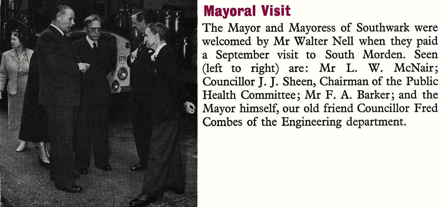 1958 Walter Nell welcomes the Mayor and Mayoress of Southwark at South Morden. (Express News December)