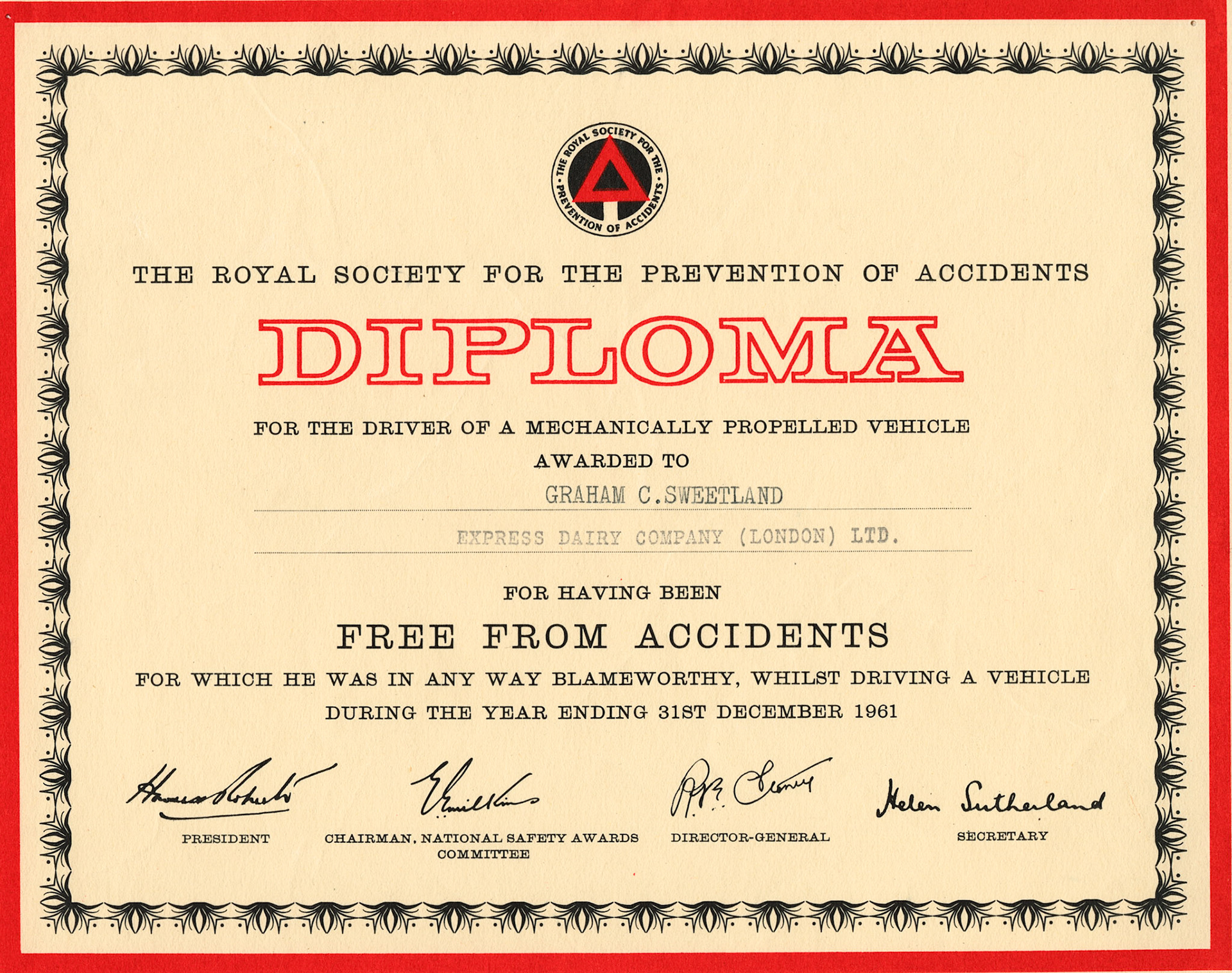 1952 to 1961 Royal Society for the Prevention of Accidents certificates from 1952 to 1961 for members of the Sweetland family at Seaton Junction. (Courtesy Keith Sweetland)