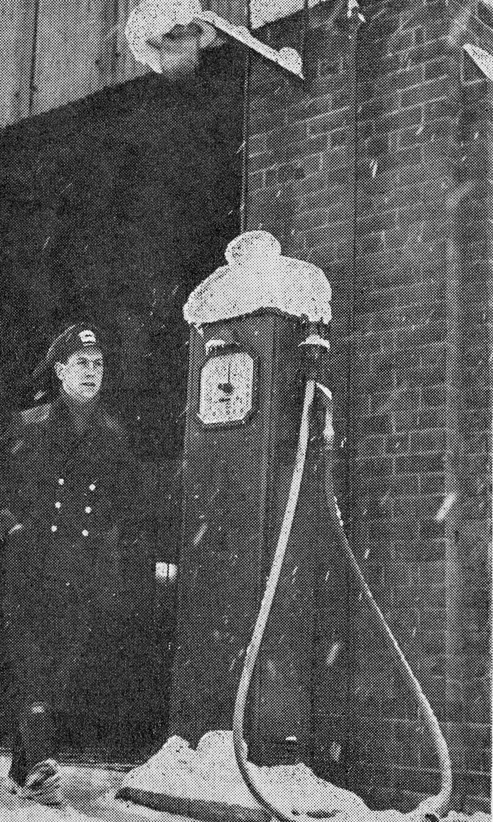 1956 Rowsley. Churn driver Joe Dakin leaves for home in the snow. "This evening he's due at the 'local' to represent the creamery in a darts match against the village". (Express News April)