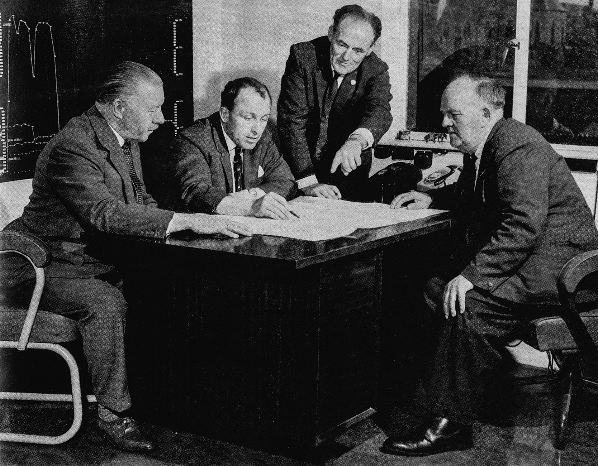 1965 Left to right: Mr Jack Wickens (Director and former owner), Mr D. S. Kirby (Managing Director), Mr Don Marlow (in charge of retail expansion) and Mr Ray Smith (Dairy Manager). (Express News Summer/Autumn)