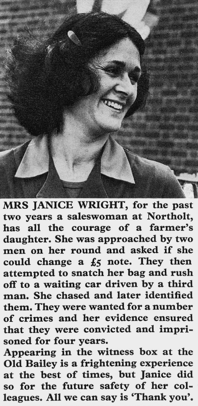 1976 Northolt milk lady Janice Wright helps convict two thieves. (Express News Summer)