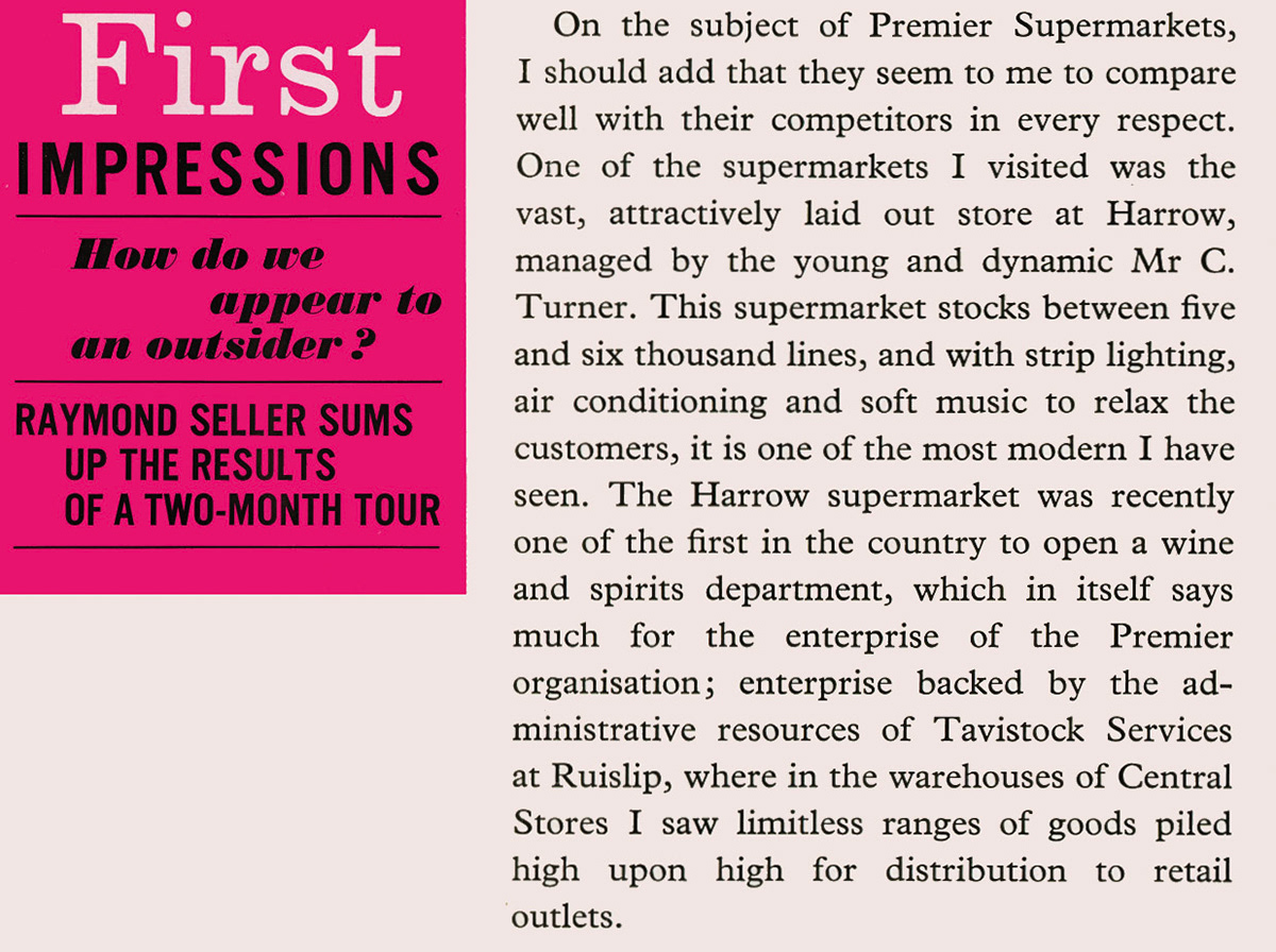 1963 Premier Supermarkets, Harrow - extract from feature article by Raymond Seller, who joined Express to help edit 'Express News' (Express News Autumn)