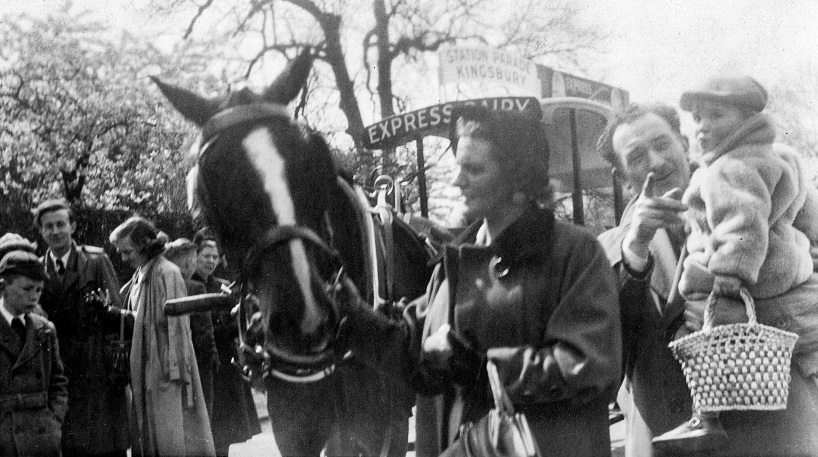 1960c Kingsbury, Edgware. Inscribed on reverse "Mum with Express Milk Delivery, horse and cart" The lady is Maureen (Katherine) Parker, wife of George (Ernest) Parker, on the right, who was a milkman at Hemel Hempstead for many years and was awarded a 30-year watch in 1965. (Courtesy Dawn McGlen)