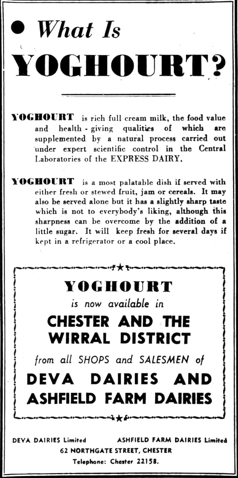 1951 Yoghourt advertisement, from Deva Dairies and Ashfield Farm Dairies. (Courtesy Liverpool Daily Post - Friday 16 February)