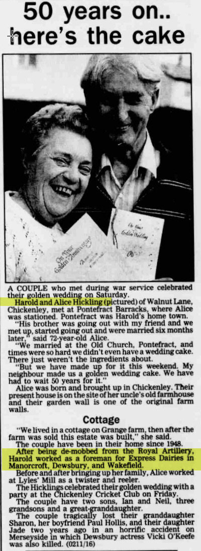 1992  Ex-Dewsbury and Wakefield foreman Harold Hickling celebrates his golden wedding with his wife Alice. (Courtesy of THE BRITISH LIBRARY BOARD)
