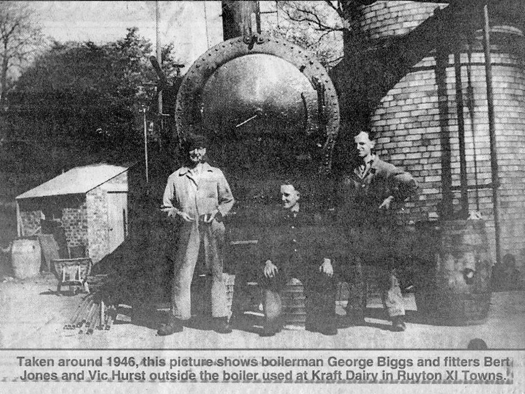 1946 Kraft Dairy in Ruyton XI Towns. Annie Peate comments "So lovely to see this picture of George Biggs (my grandad)". Gordon Williams adds "He told me he always liked to work with steam. As they modernised the dairy he operated the boilers by push button controls. I'm his grandson." (Courtesy Margaret Lycett, Chris Edge & Pete and Sue Corfield, Ruyton Revisited FB Group)