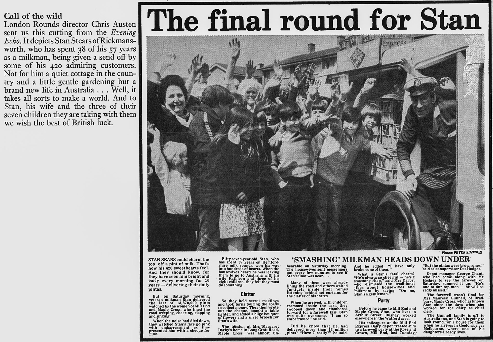 1973 Rickmansworth milkman Stan Stears retires after 38 years. (Express News Autumn)