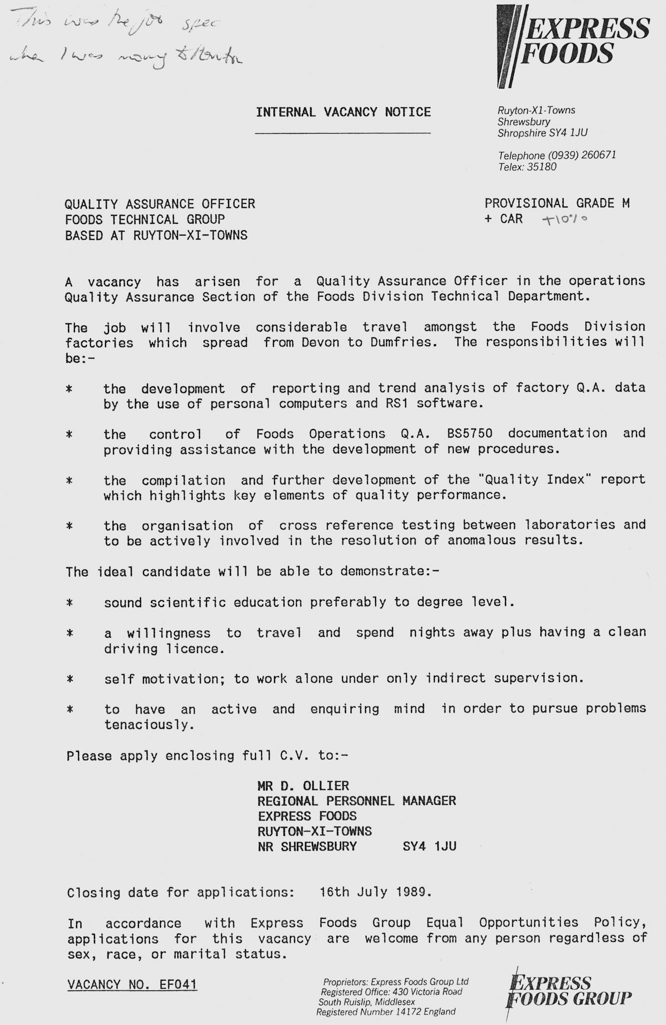 1989 Ruyton-Quality Assurance Officer, based at Ruyton, advertisement. The late Stuart Cronin took this post. (Courtesy Soo Rose-Cook)