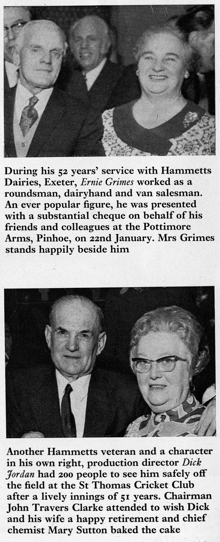 1974 Two retirements at Hammett's Dairies, Exeter-Ernie Grimes and Dick Jordan