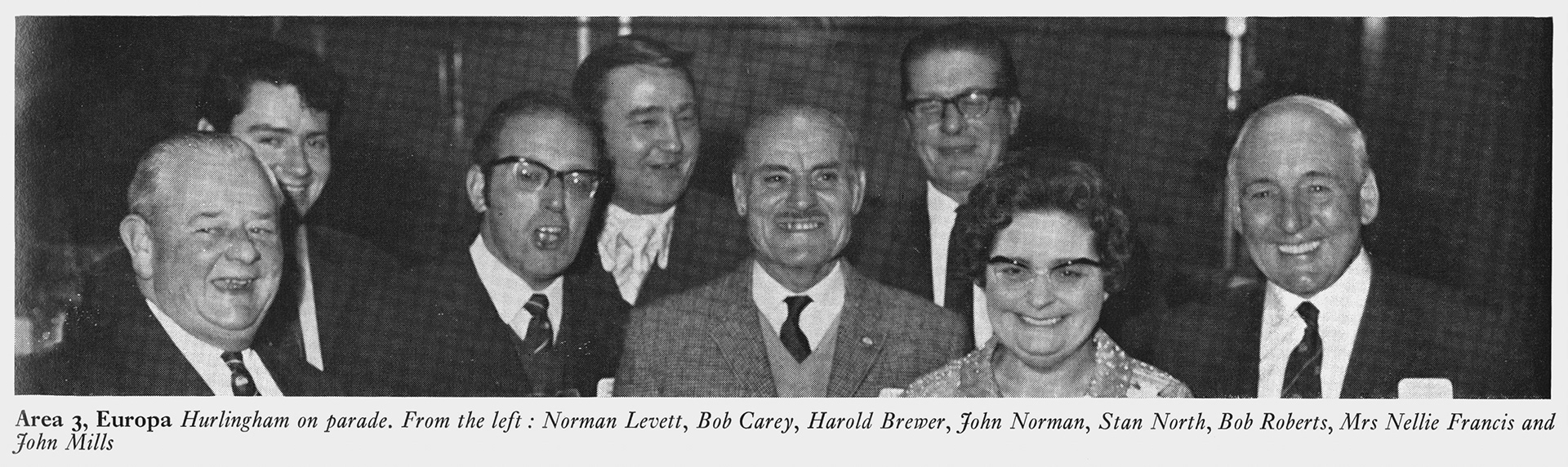 1972 Hurlingham Branch staff Norman Levett, Bob Carey, Harold Brewer, John Norman, Stan North, Bob Roberts, Mrs Nellie Francis and John Mills at London Merit and Service Dinner.(Express News Summer)