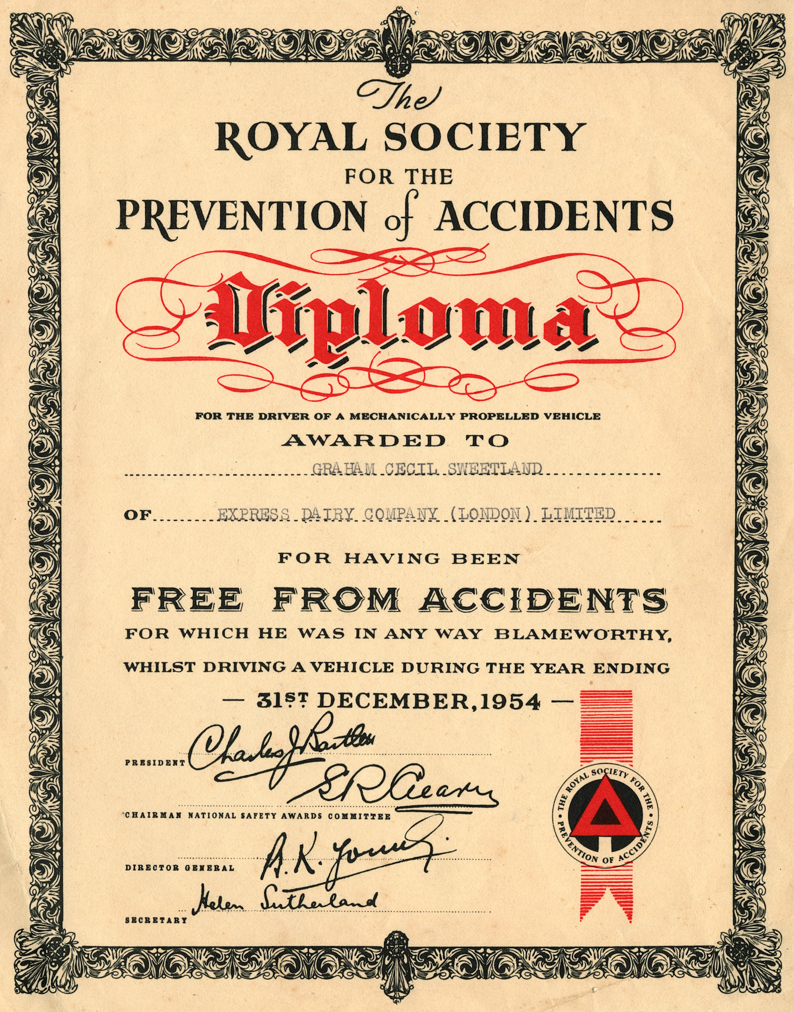1952 to 1961 Royal Society for the Prevention of Accidents certificates from 1952 to 1961 for members of the Sweetland family at Seaton Junction. (Courtesy Keith Sweetland)