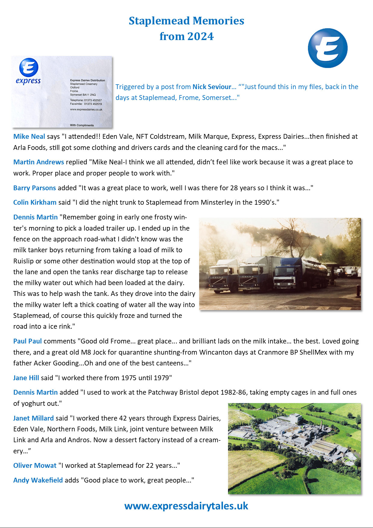 2024 Staplemead Memories, triggered by a post from Nick Seviour. (Express Dairy Tales publication)