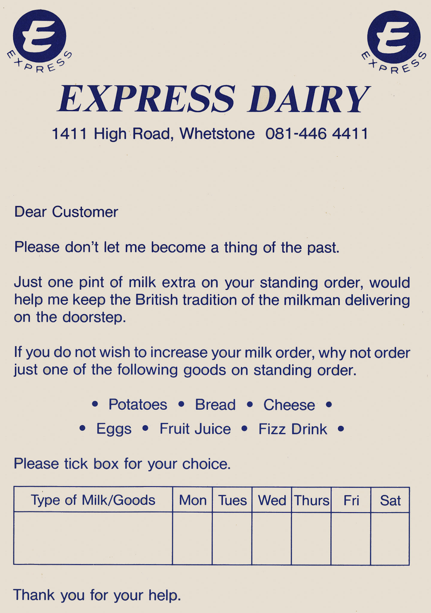 1990's? "Please don't let me become a thing of the past" leaflet, Whetstone Depot (Courtesy Michael Aldread)