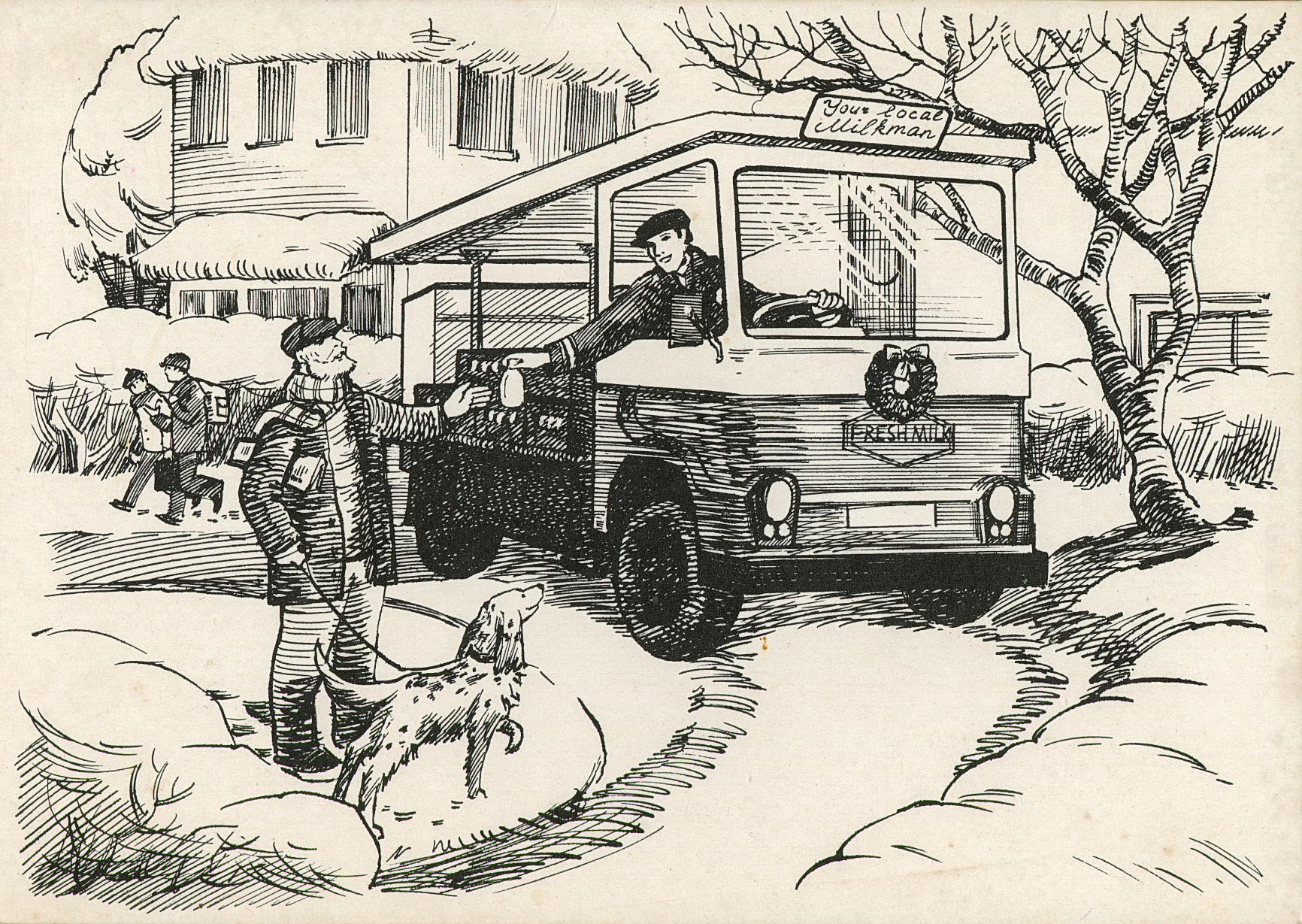 NDBI Xmas card "RETRO MILKMAN" sent by Job's milkman Steve Hooper to his customers. (Presented by Elaine Randall in memory of her mother Gwen Axten who lived in Marlborough Road, Hanworth and collected this set of cards over the years.)
