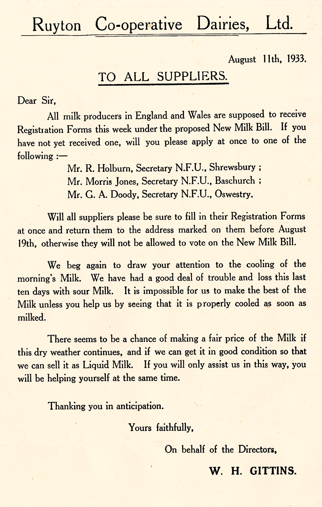 1933, August. Letter from Mr W.H. Gittins to the Company's suppliers about the new registration requirements for the start of the Milk Marketing Board operations.