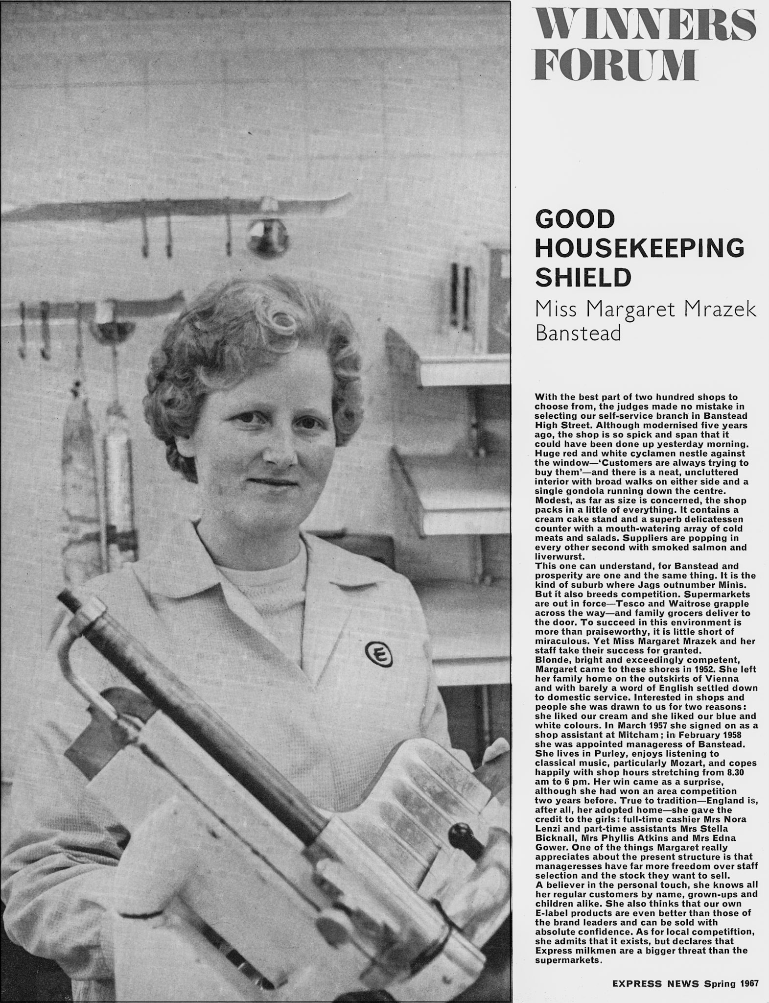 1967 Banstead shop manageress Miss Margaret Mrazek receives award. (Express News Spring)