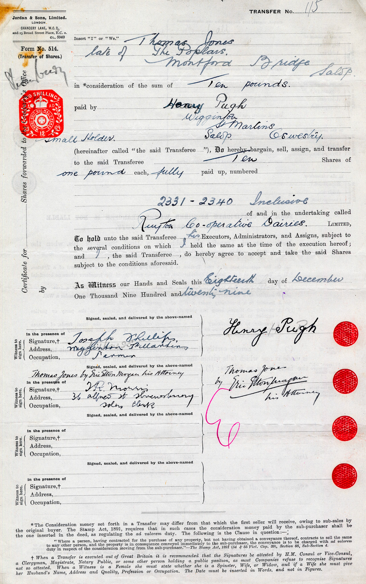 1929-Thomas Jones-Share Transfer Form