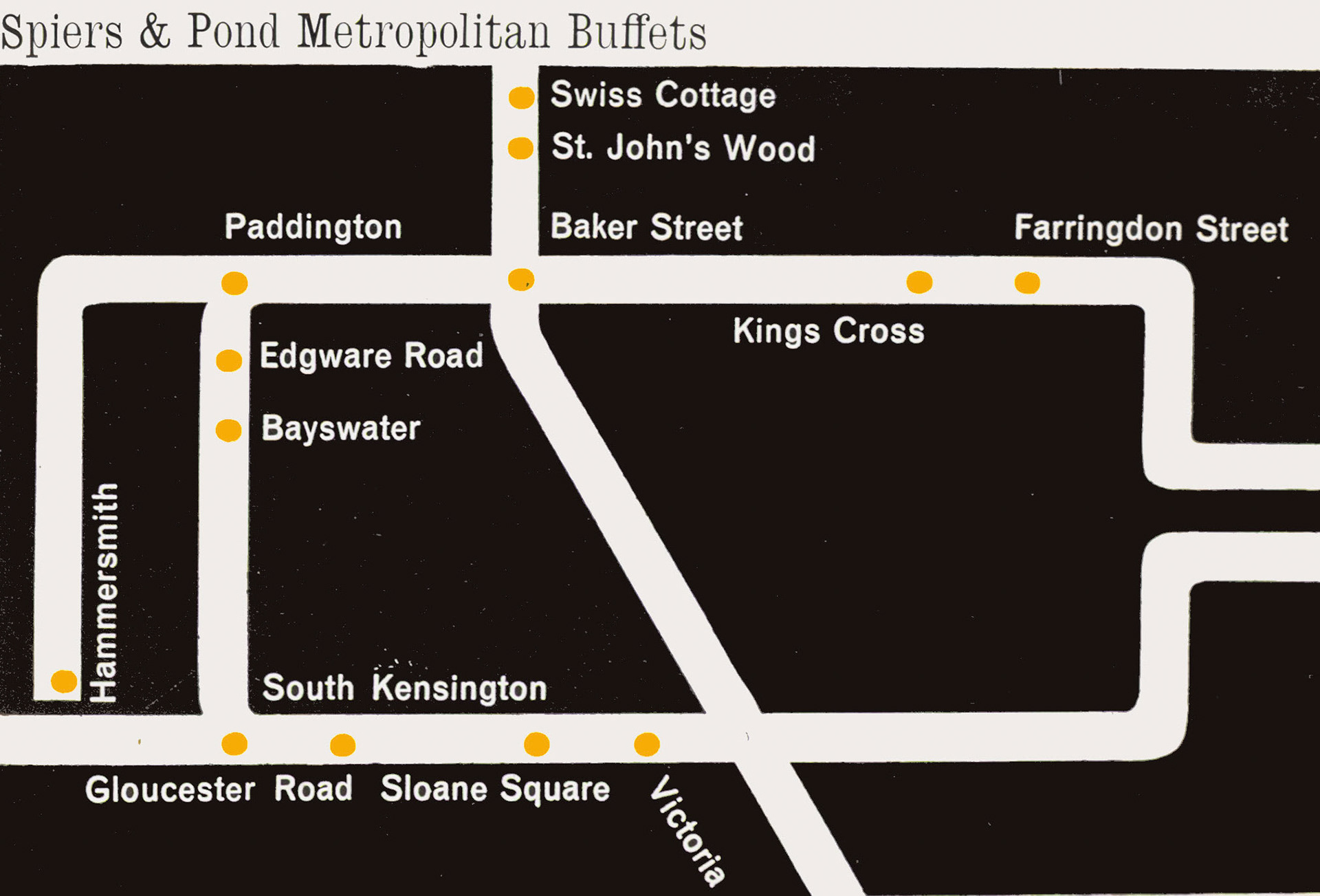 1962 Spiers &amp; Pond feature article-map showing the location of licensed Buffets on the London Underground. (Express News Autumn)