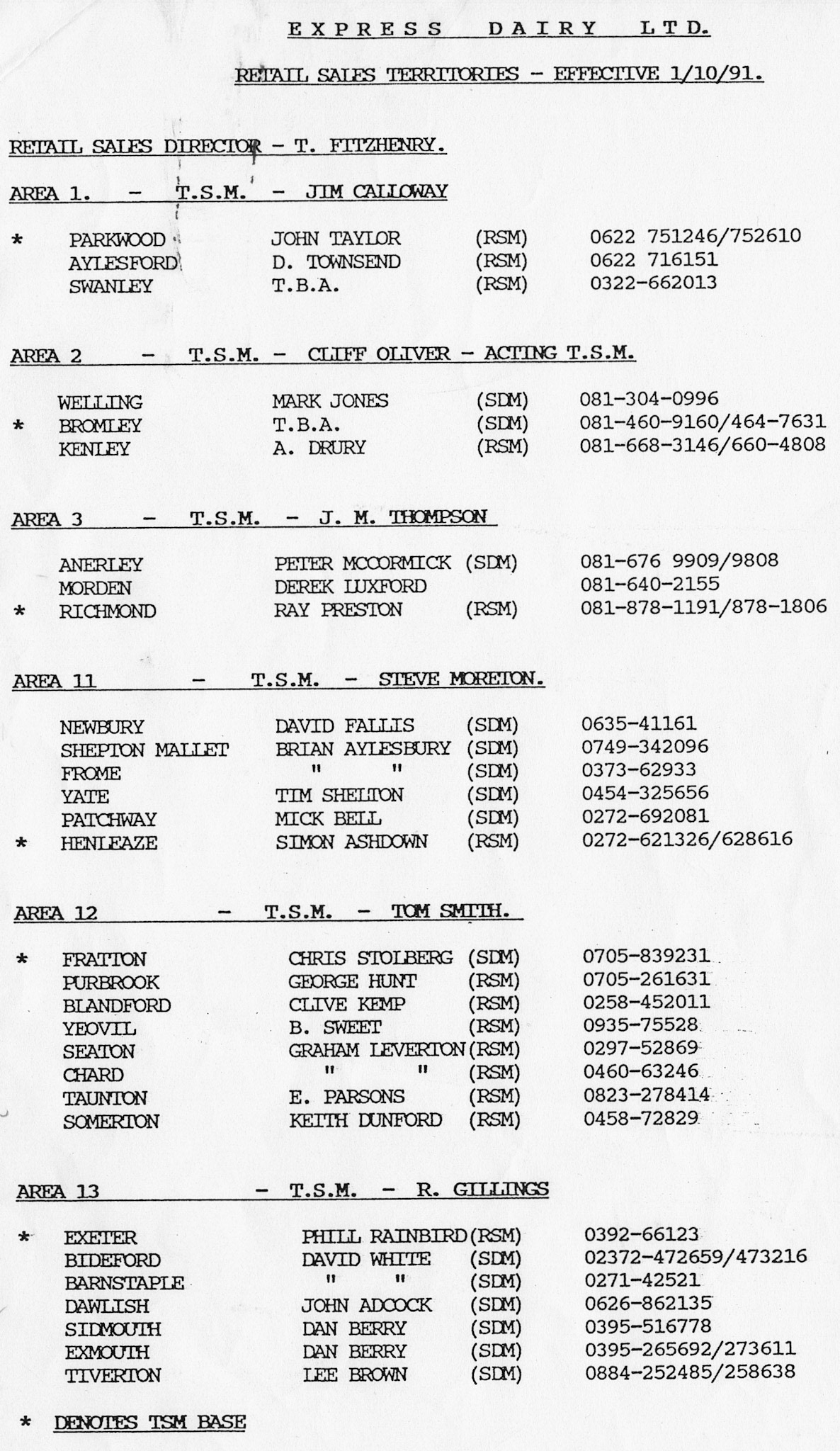 1991 Express Depot List (Courtesy Beryl Purslove)