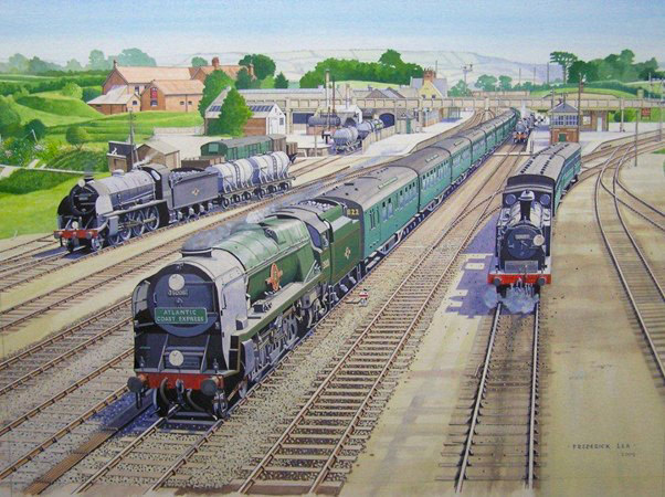 1950's scene, in painting by Frederick Lea featuring 35006 “Peninsular & Oriental S.N. Co.” facing towards Exeter(From Seaton Junction History, by Rick Wood)