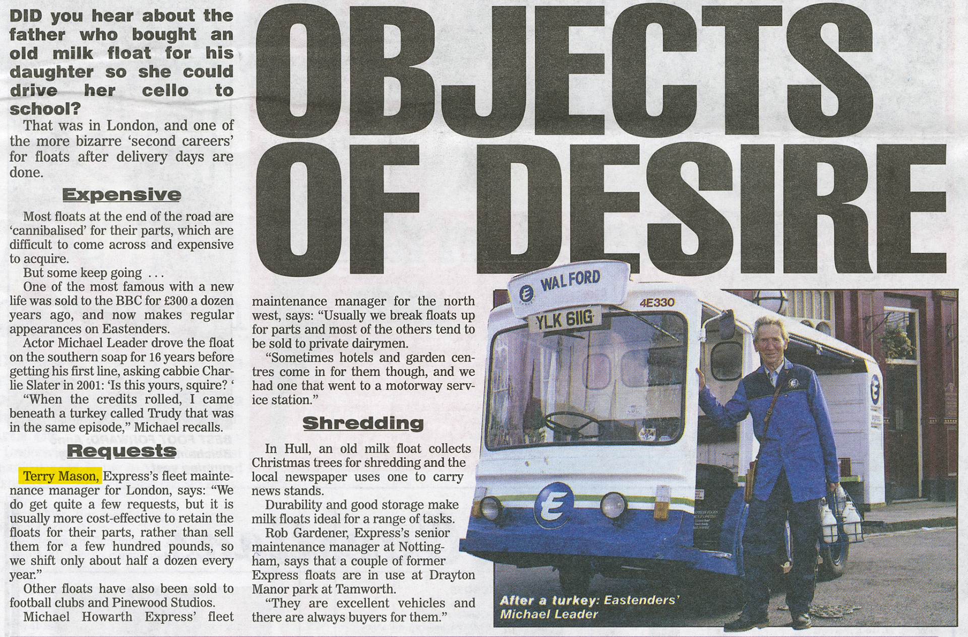 2003 Terry Mason comments on loans of milk floats for publicity purposes. (Express News June, courtesy Paul Luke)