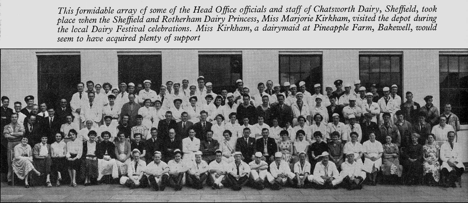 1956 Chatsworth Dairy Head Office staff during the local Dairy Festival celebrations, with Dairy Princess Marjorie Kirkham. Express News September)