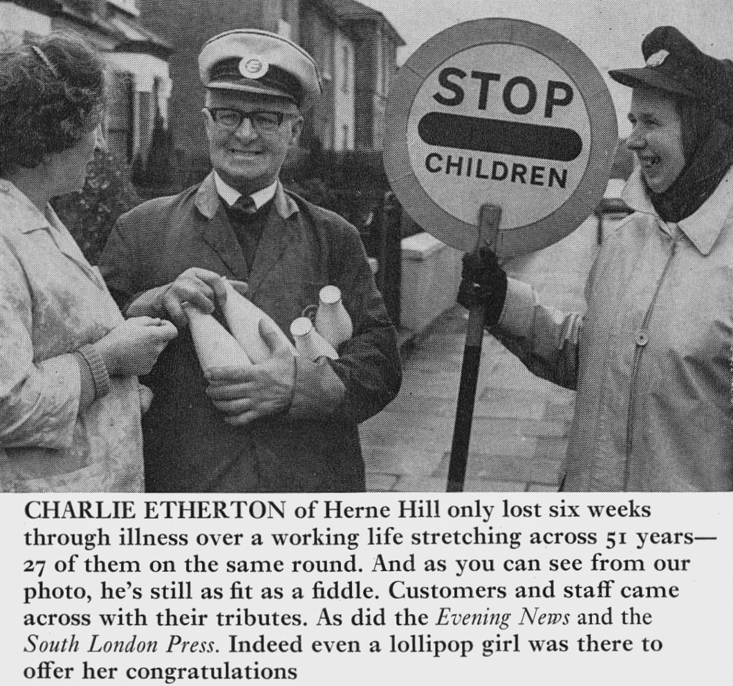 1974 Herne Hill milkman Charlie Etherton retires after 51 years. (Express News Summer)