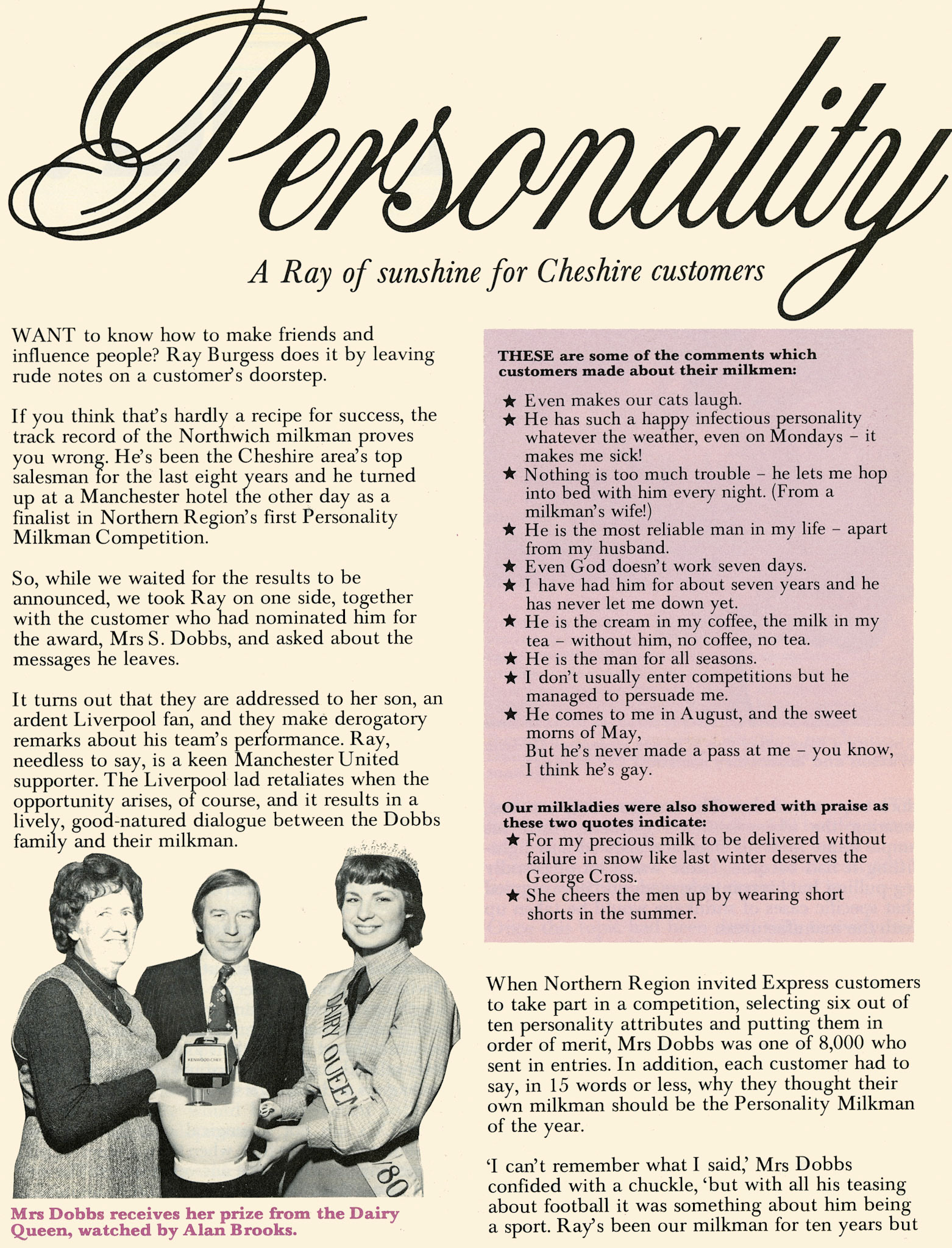 1980 Northern Region's first 'Personality Milkman' competition, with milkman Ray Burgess.  (Express News April)