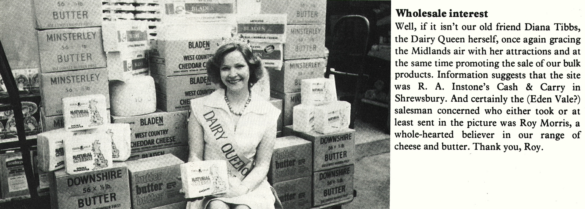 1977 Dairy Queen Diana Tibbs in Shrewsbury, showing off Minsterley Butter and Bladen West Country Cheddar. (Express News Christmas)