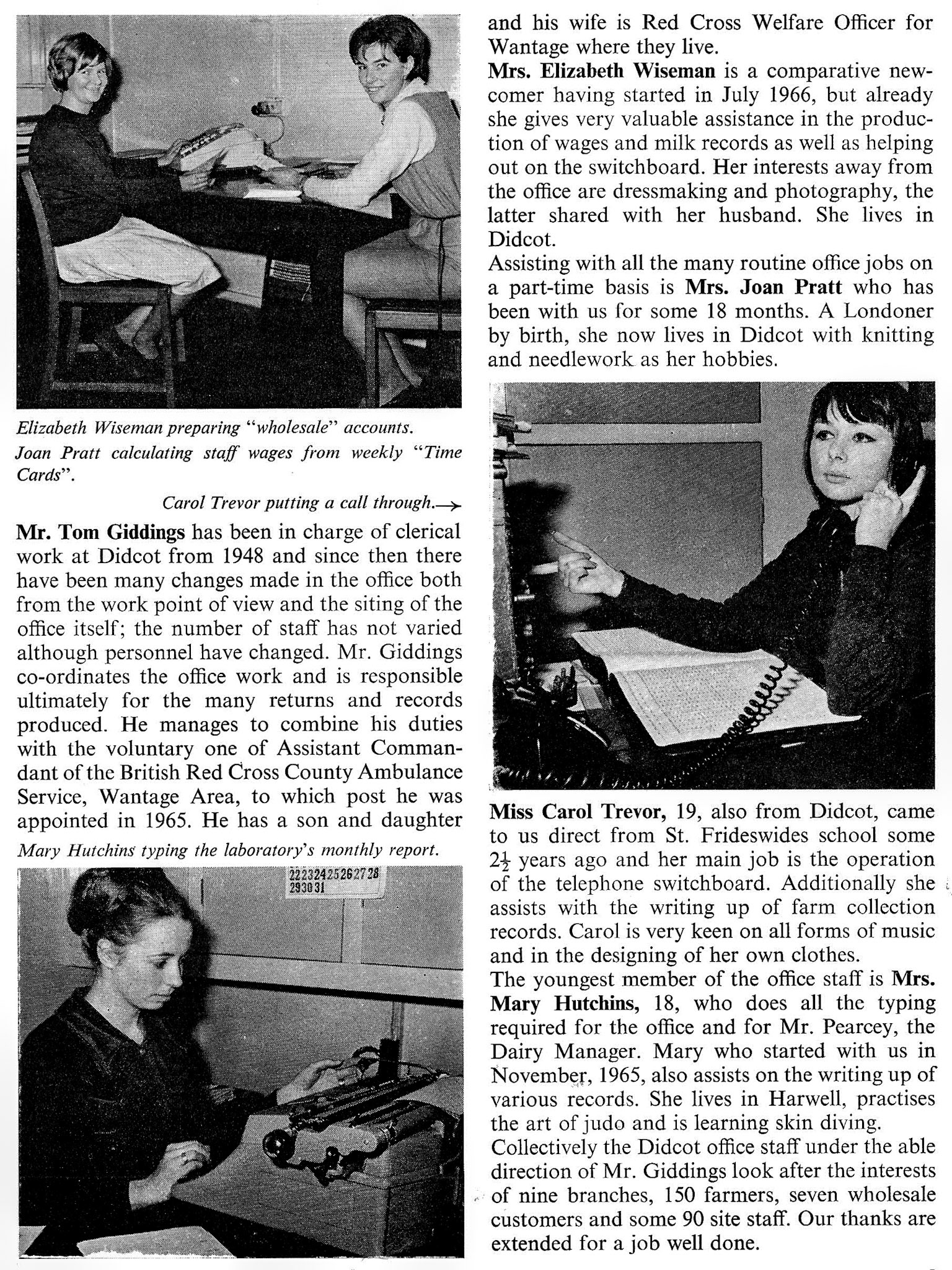 1967 Didcot office staff - Tom Giddings, Elizabeth Wiseman, Mrs Joan Pratt, Miss Carol Trevor and Mrs Mary Hutchins., (Courtesy Roberts Foundation, Book of Job)