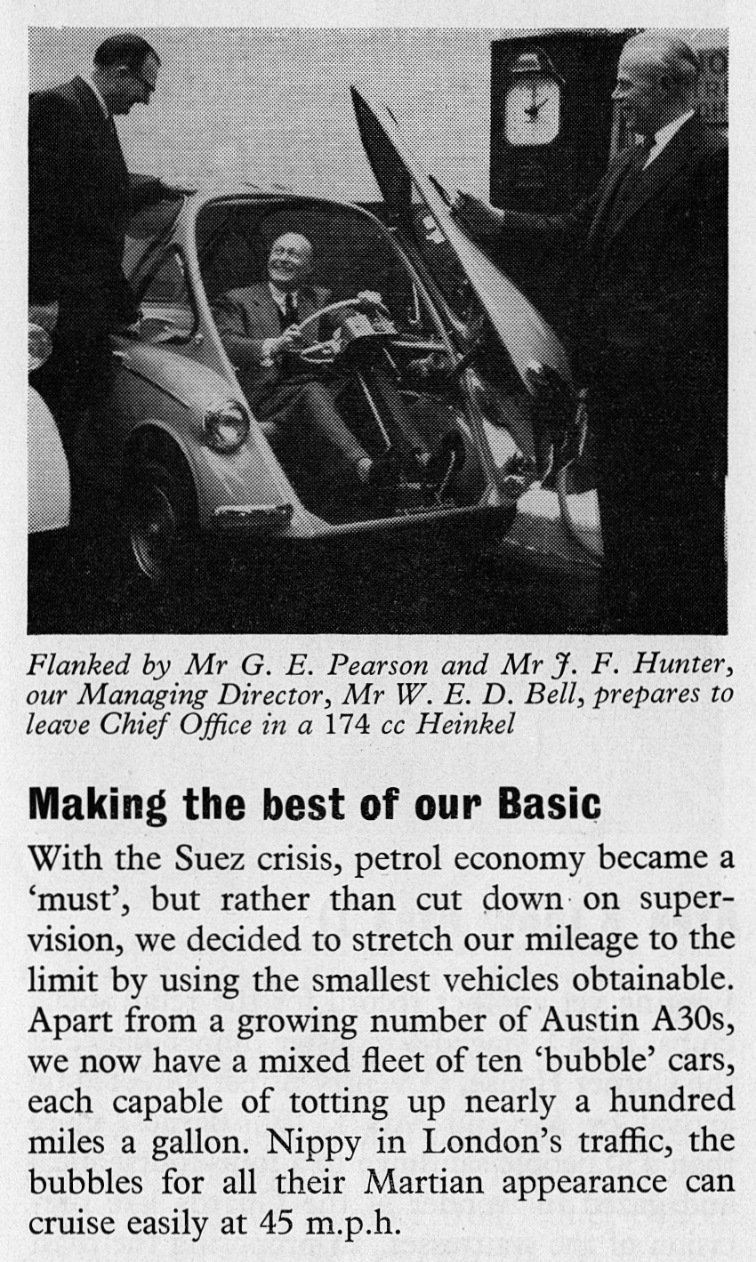1957 Suez petrol crisis - Austin A30's and Heinkle bubble cars for the directors!