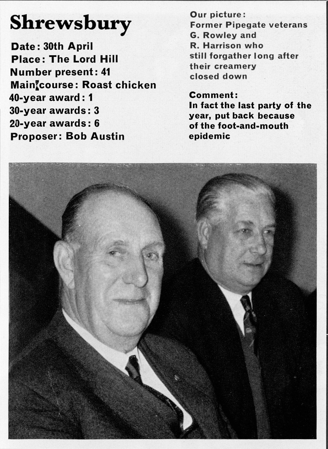1968 Shrewsbury - Pipegate Creamery veterans G. Rowley and R. Harrison Long Service Dinner awards