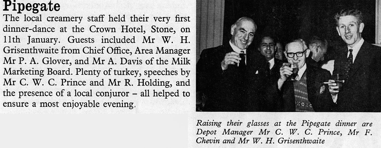 1960 Pipegate Creamery Dinner at the Crown Hotel, Stone, with a very youthful looking Bill Grisenthwaite. (Express News Spring)