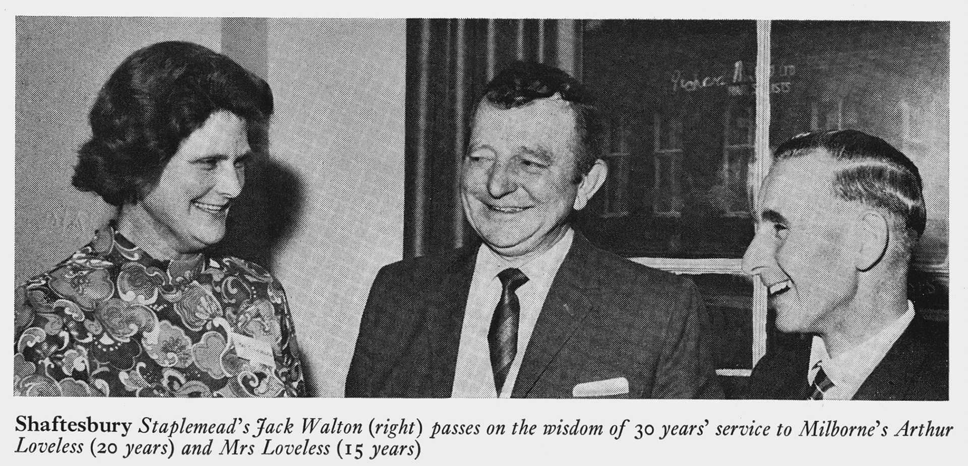1972 Mr and Mrs Loveless from Milborne with Jack Walton from Staplemead at Shaftesbury Merit and Service Dinner.(Express News Summer)