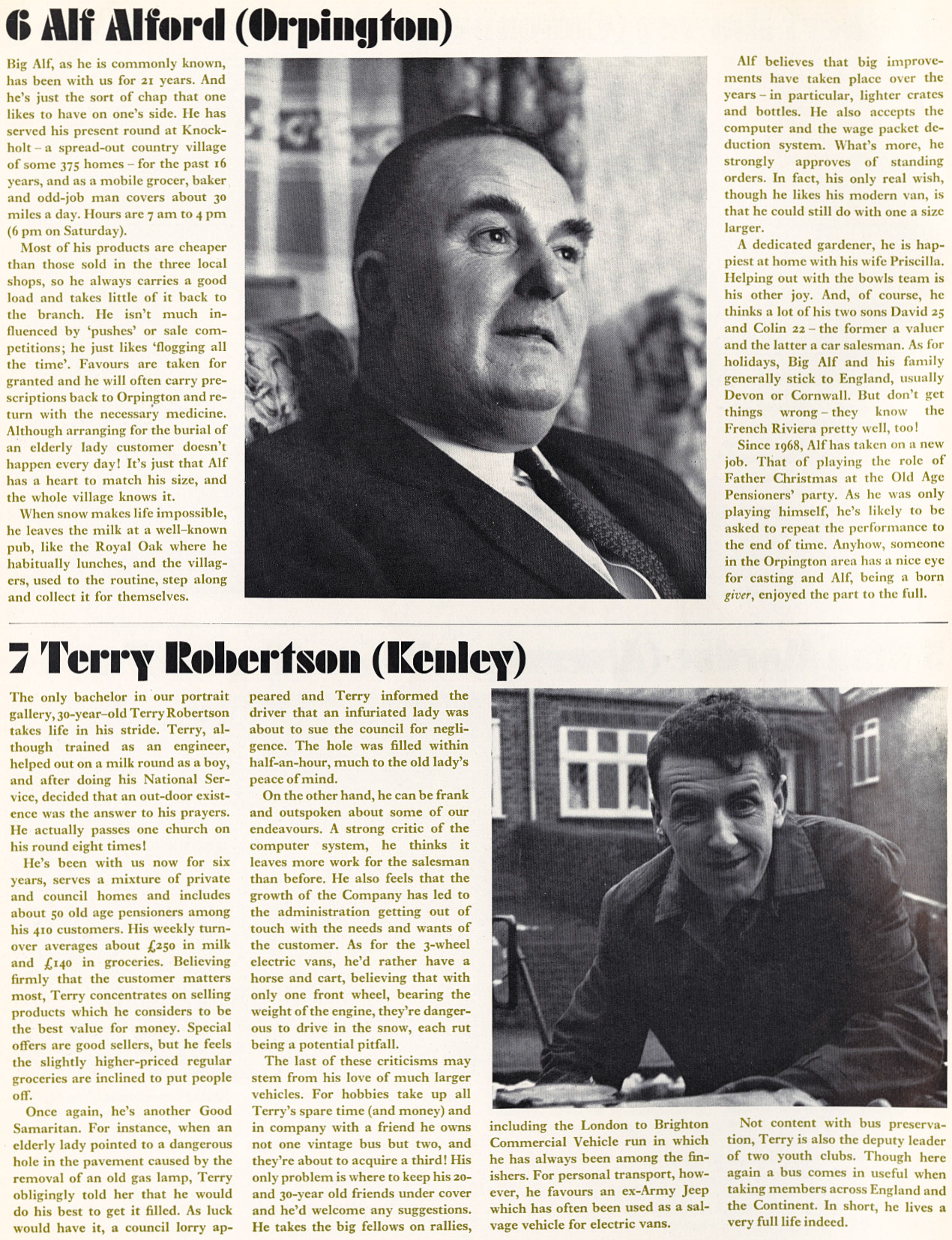 1969 Profile of nine top milkmen in London - Alf Alford (Orpington), Terry Robertson (Kenley)