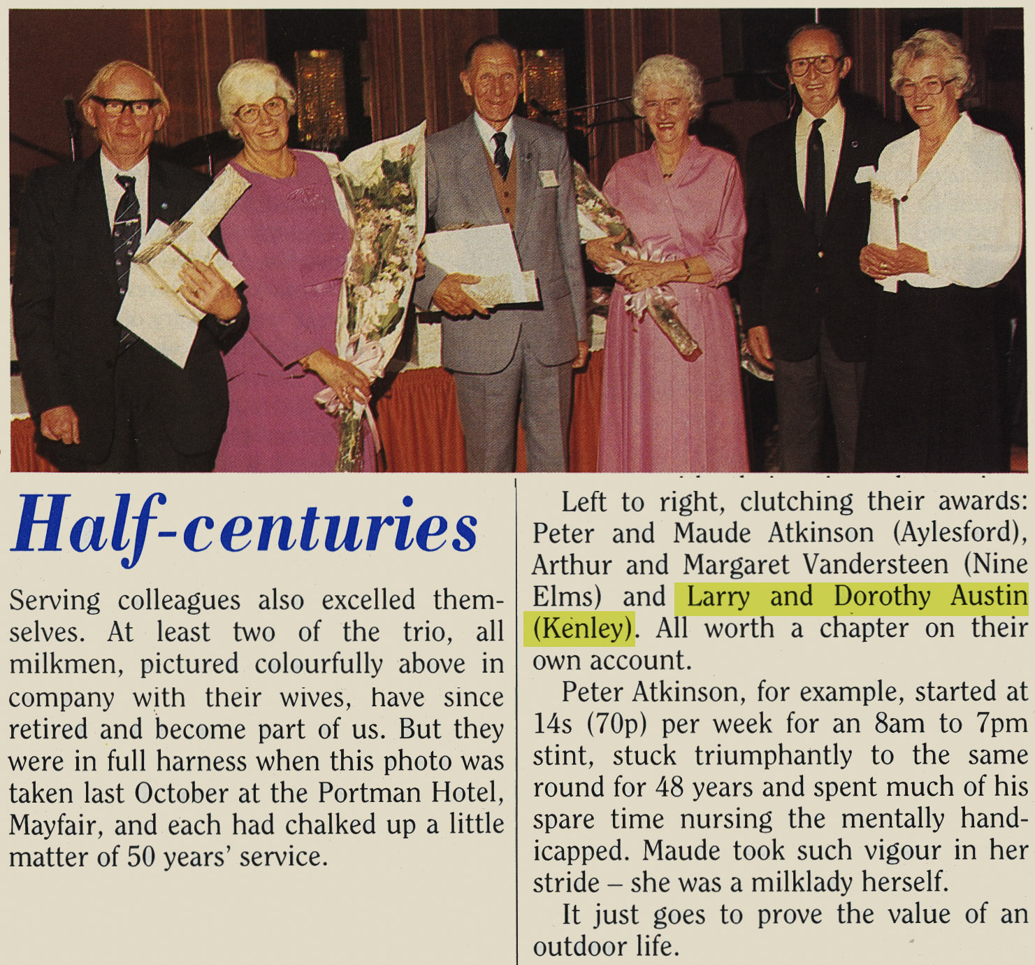 1989 Pensioners reunion lunches - Larry and Dorothy Austin from Kenley celebrate. Gordon Martin comments "I worked with Terry when I was at Kenley. A very reliable roundsman".  (March Express News)