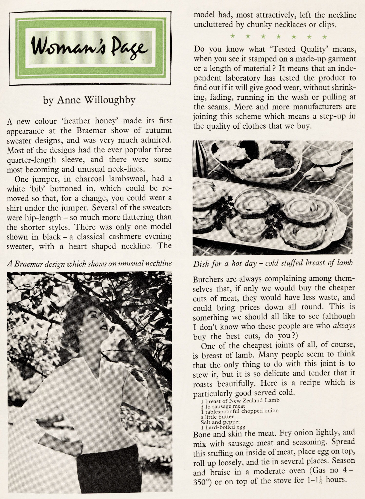 1957 Women's page by Anne Willoughby featuring the latest fashion in sweaters, 'Tested Quality' marks on garments, and a recipe for breast of lamb. (Express News Autumn)