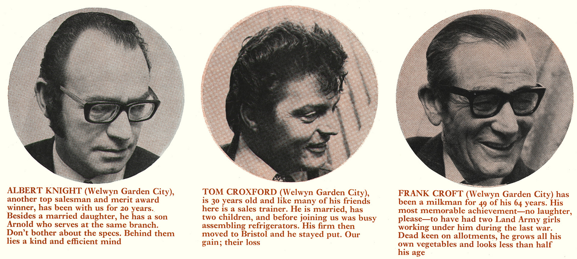 1974 Welwyn salesmen Albert Knight, Tom Croxford and Frank Croft. (Express News Summer)