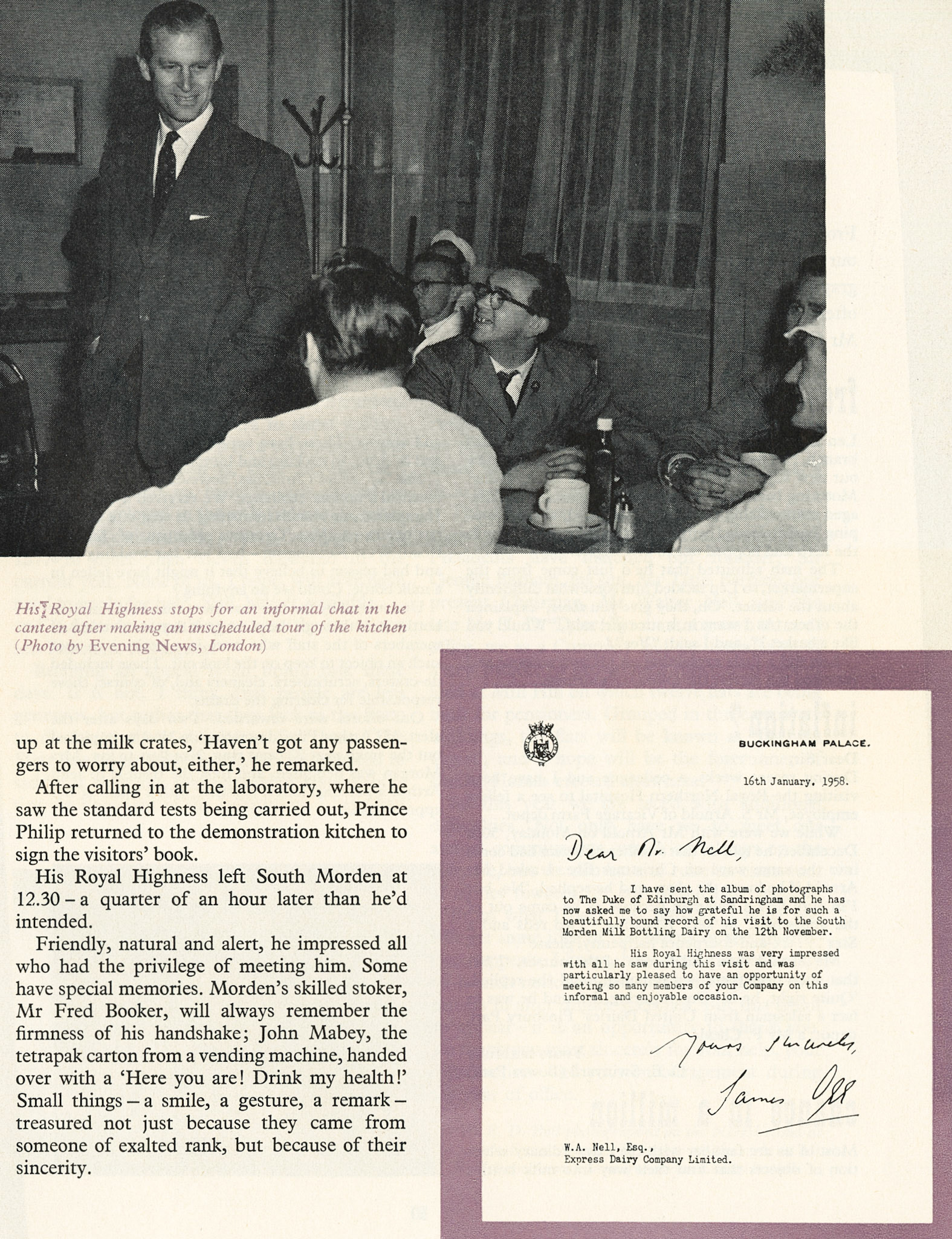 1957 Prince Philip visits South Morden Processing on 12th November, published in Express News March 1958