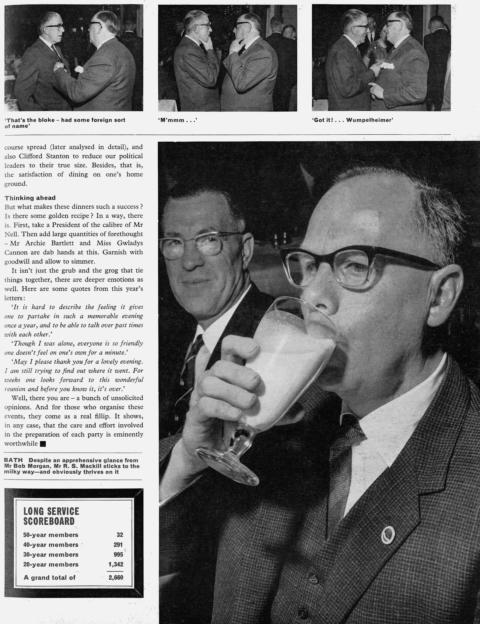 1965 Long Service Dinners for Primrose and Len, Glasgow, Appleby, Shrewsbury, Sheffield, Bath and Exeter. John Southwell comments "I remember Bob Mackill at Ruyton, then at Lockerbie where I followed him." (Express News Summer/Autumn)