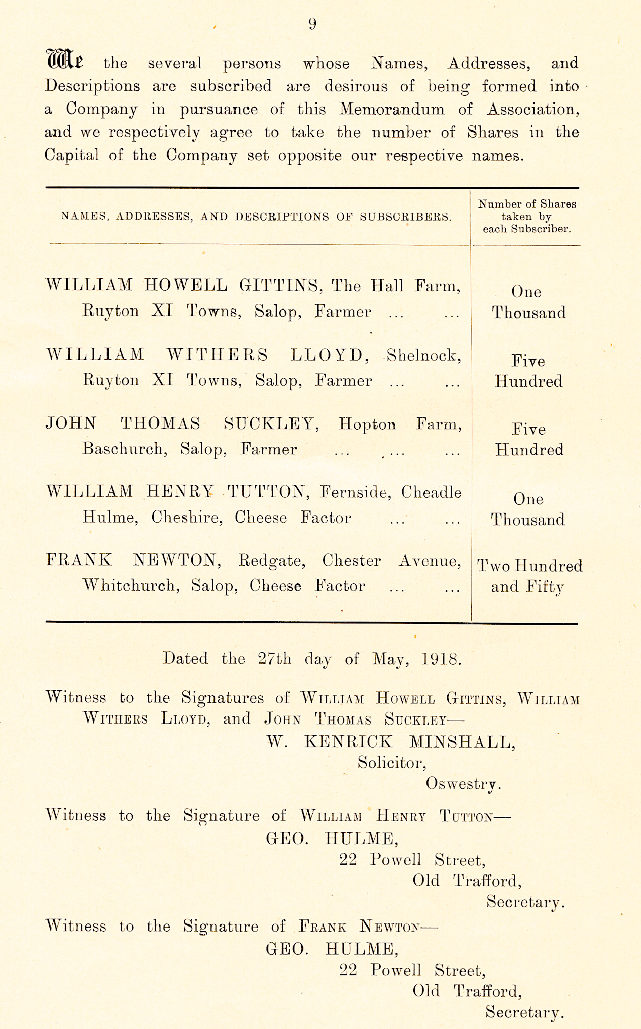 1918 List of subscribers to Ruyton Co-operative Dairies, Limited