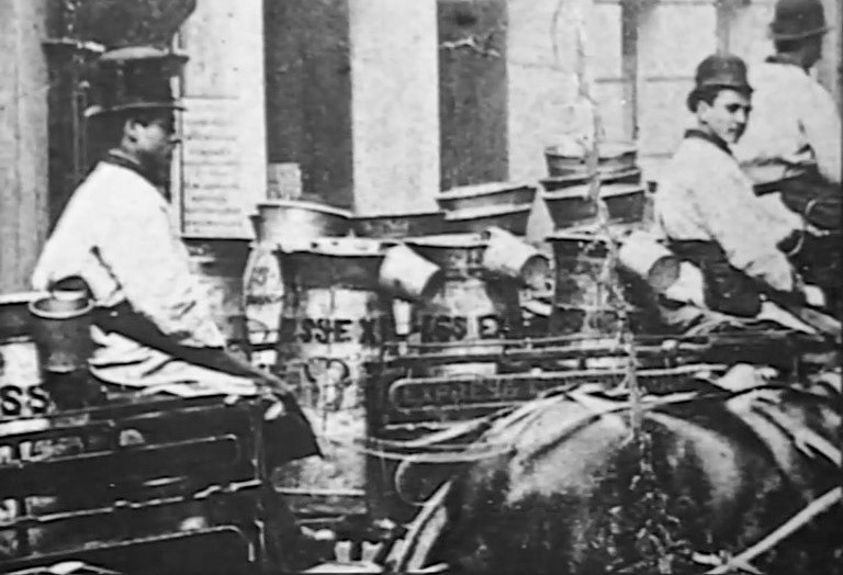 1864 George Barham formed the Express Country Milk Supply Company by King's Cross station, and started bringing fresh milk to London. (Express 125 Years video still)