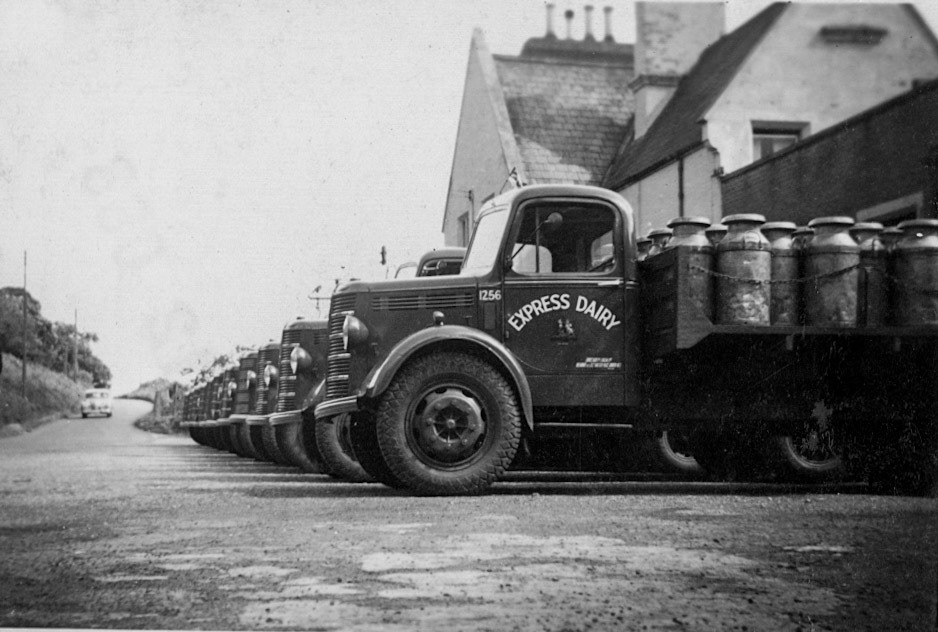 1950's Churn Lorries line up at Seaton Junction. John Corah comments "A big fleet of Bedford OL lorries there..." Christopher Bennett adds "Just petrol driven- about 12mpg with the loads they were carrying." (Courtesy Keith Sweetland)