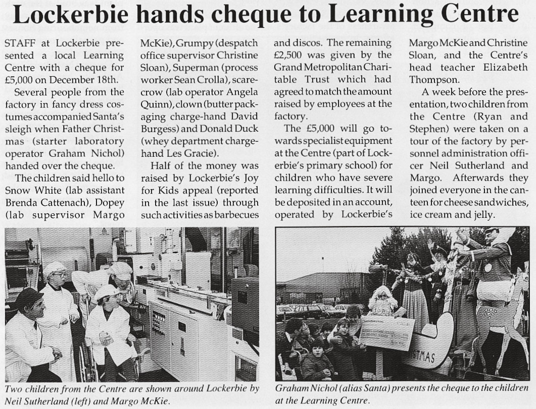 1990 Lockerbie staff present Learning Centre with cheque for £5000-Express Foods News, Issue 3