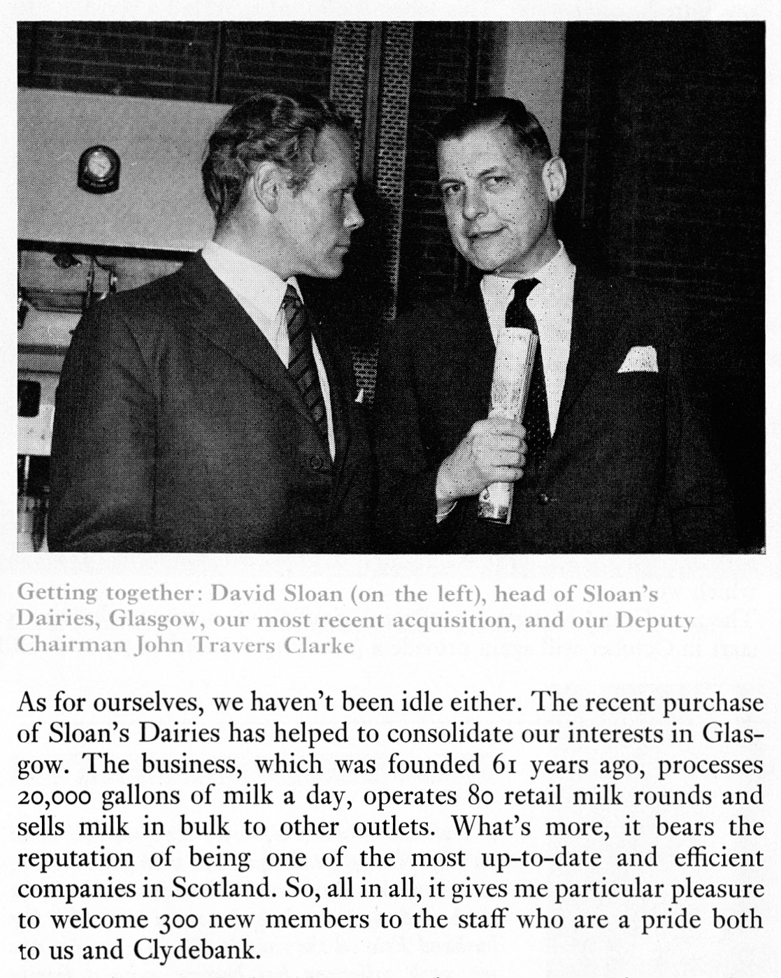 1972 David Sloan with John Travers Clarke following the acquisition of Sloan's Dairies, Glasgow by Express