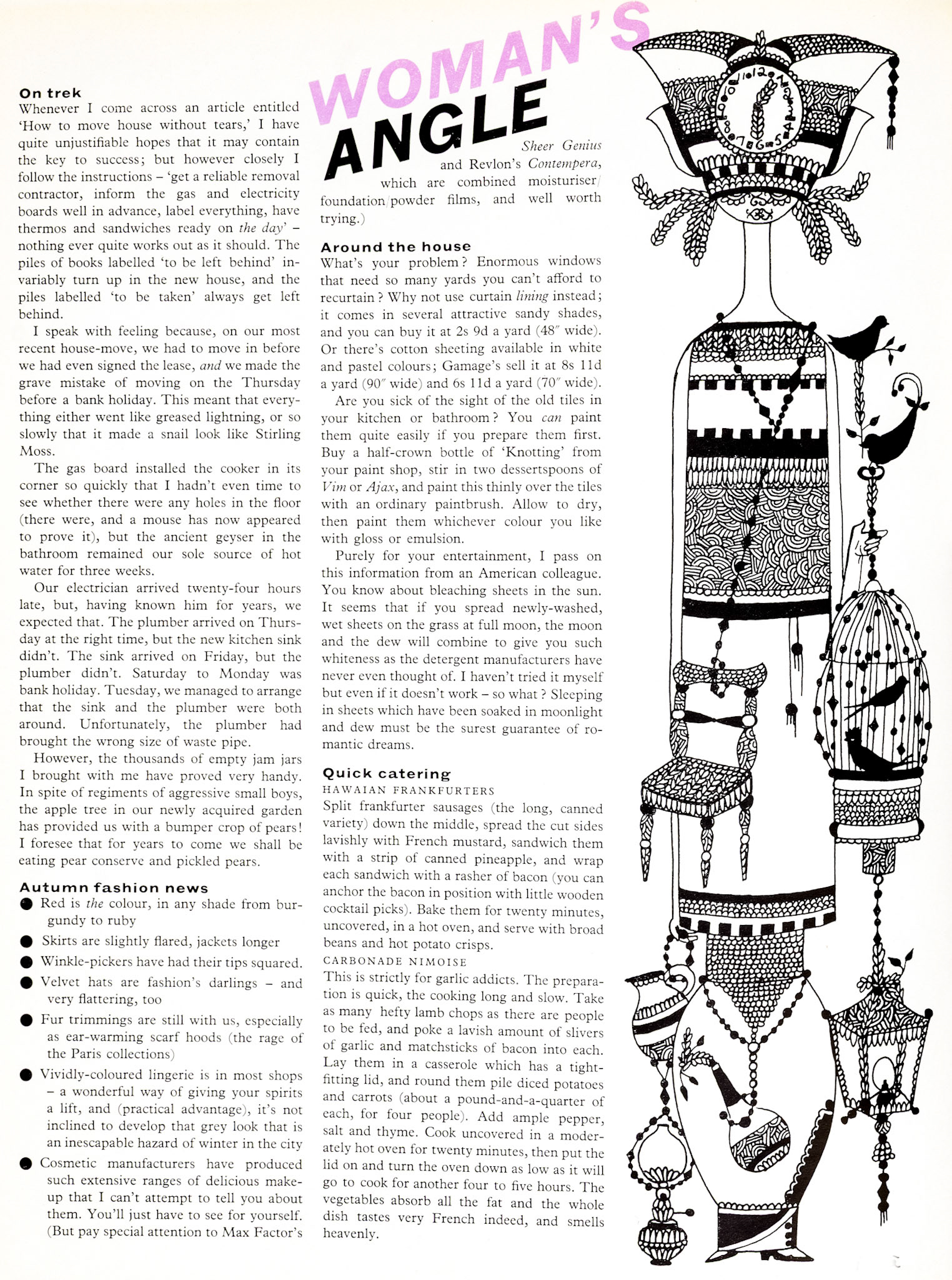 1961 Women's page in this edition features the pitfalls of moving home, autumn fashions, window cleaning tips and a recipe for Hawaiian Frankfurters and Carbonade Nimoise. (Express News Autumn)