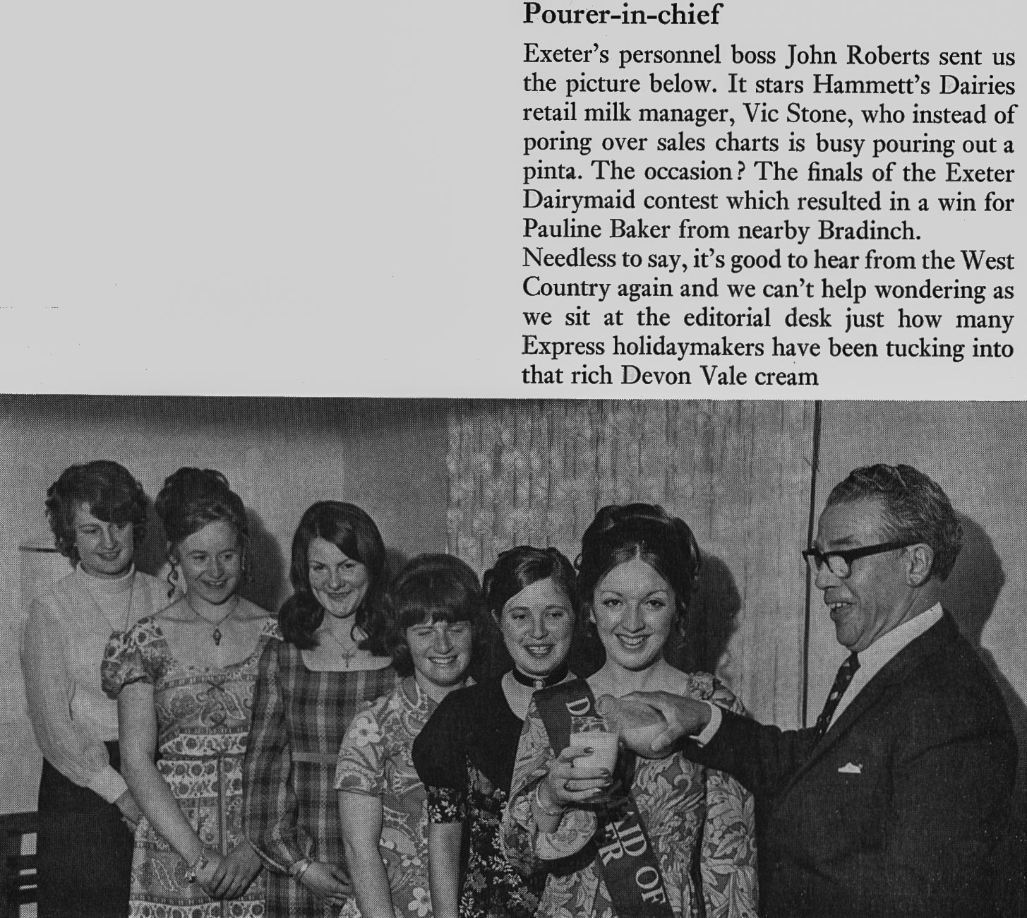 1972 Hammett's Dairies Dairymaid contest was won by Pauline Baker, with Vic Stone, Retail Manager. (Express News Autumn)