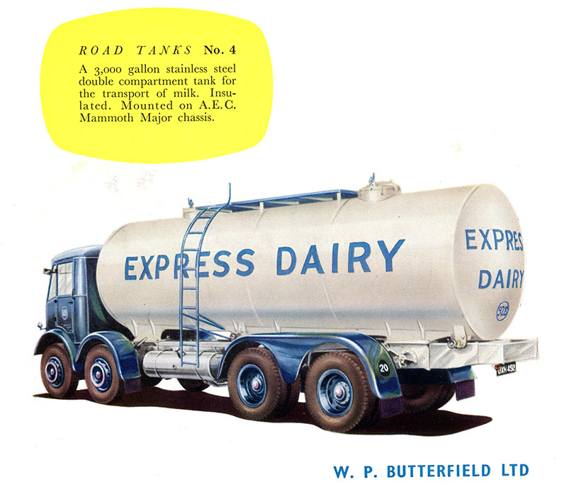 1948 This wonderful piece of artwork is taken from a lavish catalogue produced by WP Butterfield Ltd, of Shipley and, although the Mammoth Major illustrated was delivered in September 1947, other vehicles depicted dated from six years later. Fleet no 928, JXN 492, on chassis no 0386846, was supplied at a cost of £2,346, the Duramin cab came to £211 and the 3,000-gallon tank, £1,210. Thanks to a very helpful clerk with his fountain pen, we know that the vehicle entered service on the 12/4/48, at the dairy in Leyburn in the Yorkshire Dales. This first opened in 1937, with the milk sent by direct rail link for bottling at Cricklewood. The chassis-cab was sold to Hamptons of Fenstanton in February 1957, for £1,200. (Courtesy The Express Dairy Motorised Fleet, Allan Bedford, Heritage Machines)