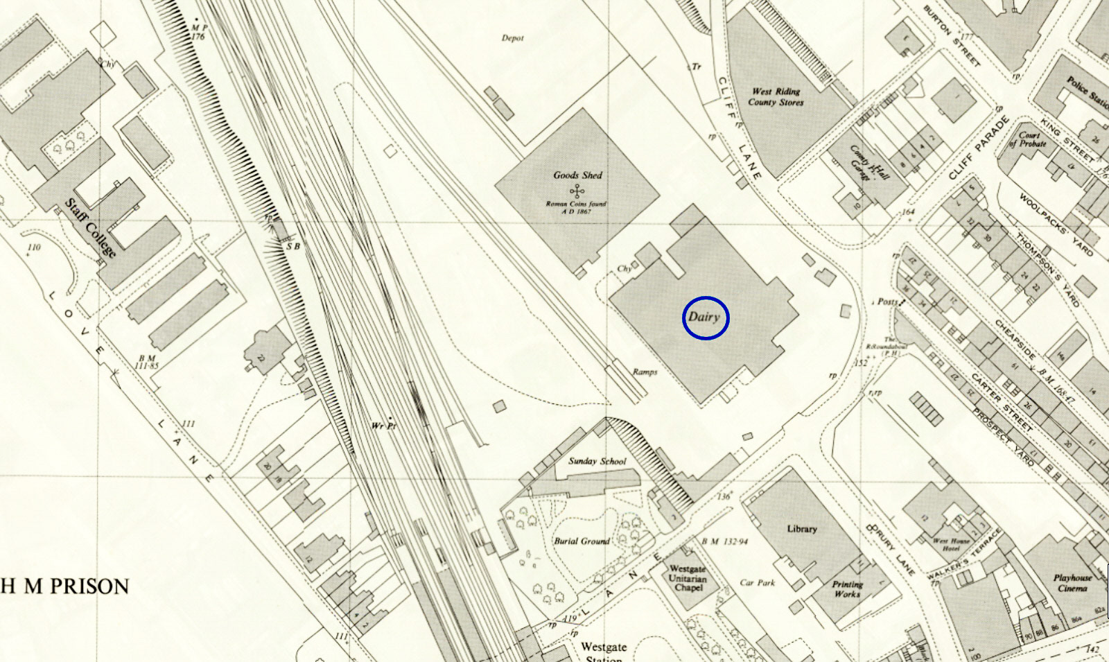 1966 Wakefield Dairy location, also showing rail link. (Courtesy National Library of Scotland)